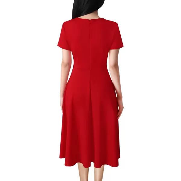 VFSHOW Womens Elegant Front Zipper Crisscross Waist Slim Wear to Work Business Office ALine DressRed Short Sleeve