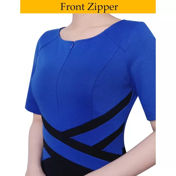 VFSHOW Womens Elegant Front Zipper Crisscross Waist Slim Wear to Work Business Office ALine DressRoyal Blue and Black