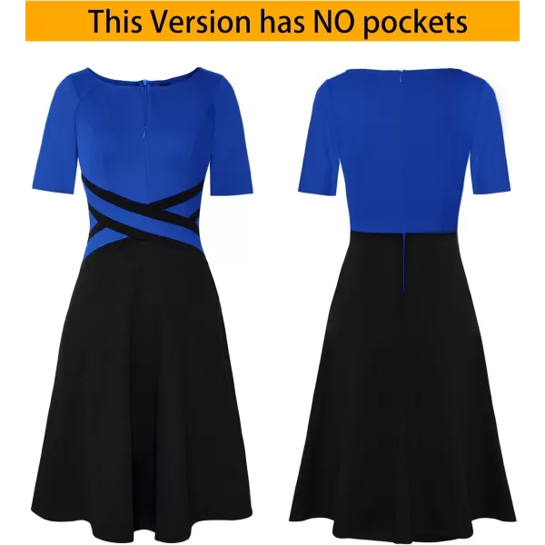 VFSHOW Womens Elegant Front Zipper Crisscross Waist Slim Wear to Work Business Office ALine DressRoyal Blue and Black