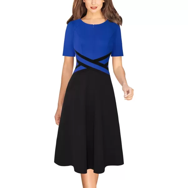 VFSHOW Womens Elegant Front Zipper Crisscross Waist Slim Wear to Work Business Office ALine DressRoyal Blue and Black