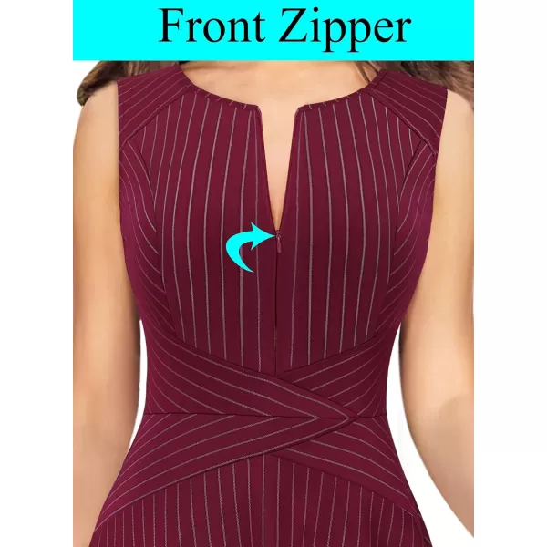 VFSHOW Womens Elegant Front Zipper Slim Work Business Office Party Cocktail Skater ALine DressDark Red and White Stripe