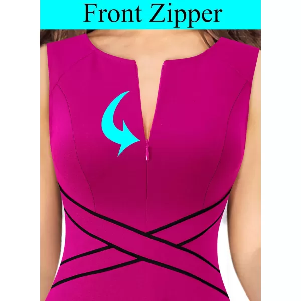 VFSHOW Womens Elegant Front Zipper Slim Work Business Office Party Cocktail Skater ALine DressHot Pink With Black Piping