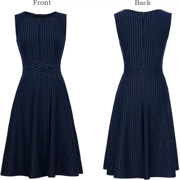 VFSHOW Womens Elegant Front Zipper Slim Work Business Office Party Cocktail Skater ALine DressNavy Blue and White Striped