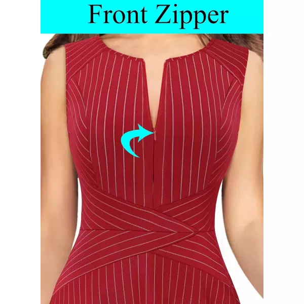 VFSHOW Womens Elegant Front Zipper Slim Work Business Office Party Cocktail Skater ALine DressRed With White Stripe Sleeveless