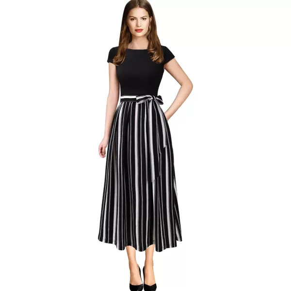 VFSHOW Womens Elegant Patchwork Pockets Belted Pleated Work Office Business Casual Party ALine Midi DressBlack and White Striped