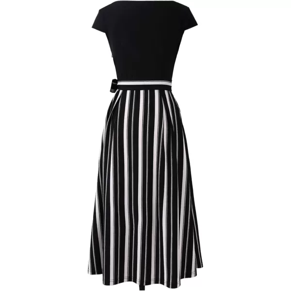 VFSHOW Womens Elegant Patchwork Pockets Belted Pleated Work Office Business Casual Party ALine Midi DressBlack and White Striped