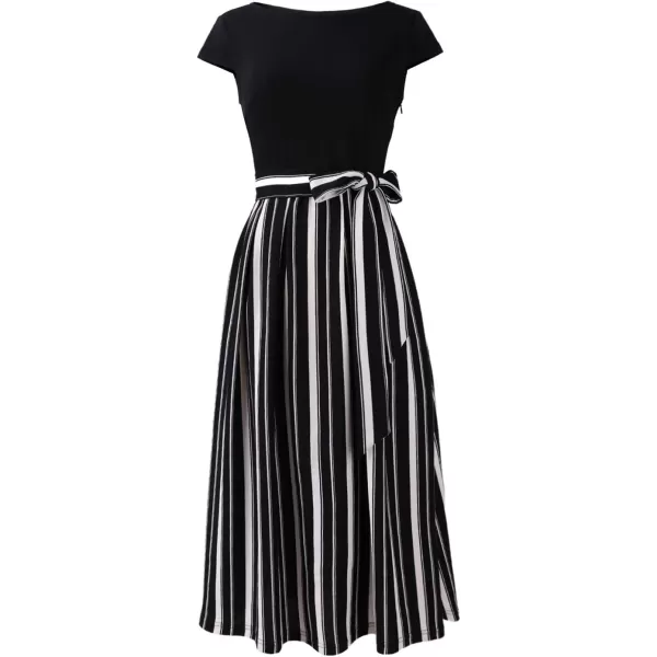 VFSHOW Womens Elegant Patchwork Pockets Belted Pleated Work Office Business Casual Party ALine Midi DressBlack and White Striped