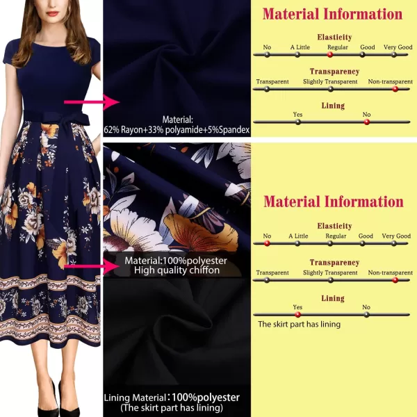 VFSHOW Womens Elegant Patchwork Pockets Belted Pleated Work Office Business Casual Party ALine Midi DressDark Blue and Floral Print Version B