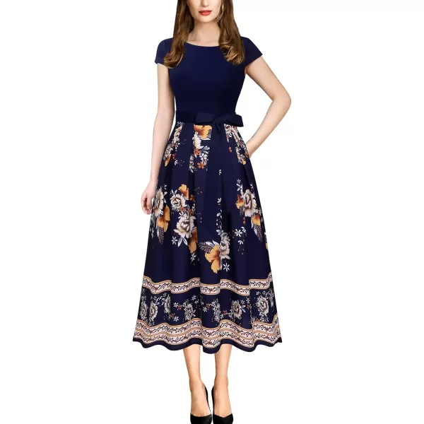 VFSHOW Womens Elegant Patchwork Pockets Belted Pleated Work Office Business Casual Party ALine Midi DressDark Blue and Floral Print Version B