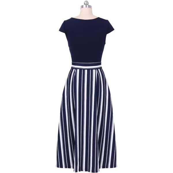 VFSHOW Womens Elegant Patchwork Pockets Belted Pleated Work Office Business Casual Party ALine Midi DressNavy Blue and White Striped