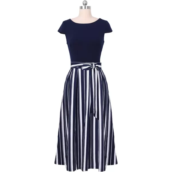 VFSHOW Womens Elegant Patchwork Pockets Belted Pleated Work Office Business Casual Party ALine Midi DressNavy Blue and White Striped