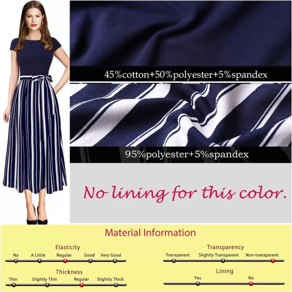 VFSHOW Womens Elegant Patchwork Pockets Belted Pleated Work Office Business Casual Party ALine Midi DressNavy Blue and White Striped