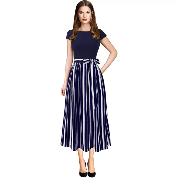 VFSHOW Womens Elegant Patchwork Pockets Belted Pleated Work Office Business Casual Party ALine Midi DressNavy Blue and White Striped