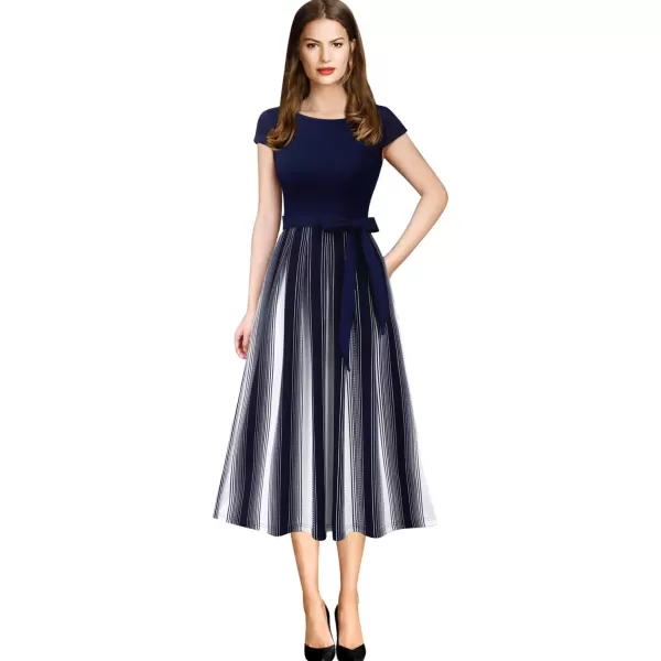 VFSHOW Womens Elegant Patchwork Pockets Belted Pleated Work Office Business Casual Party ALine Midi DressNavy Blue and White Striped Version B