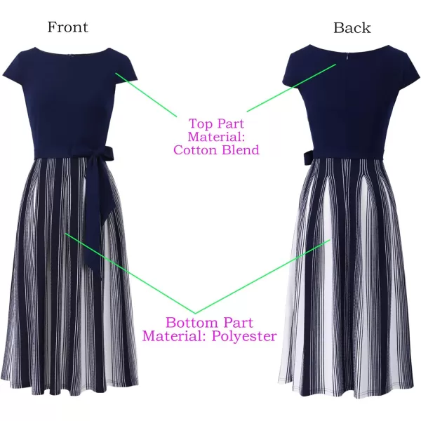 VFSHOW Womens Elegant Patchwork Pockets Belted Pleated Work Office Business Casual Party ALine Midi DressNavy Blue and White Striped Version B