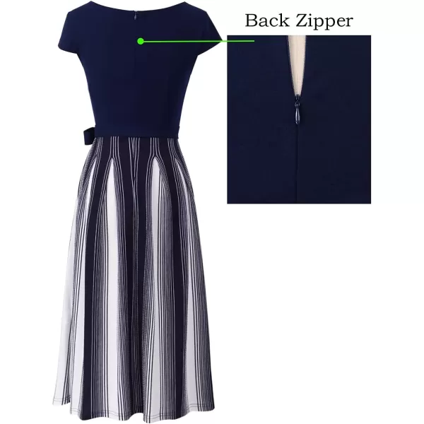 VFSHOW Womens Elegant Patchwork Pockets Belted Pleated Work Office Business Casual Party ALine Midi DressNavy Blue and White Striped Version B