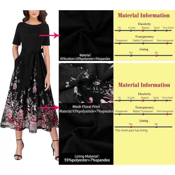 VFSHOW Womens Elegant Patchwork Pockets Pleated Work Office Business Casual Party Belted ALine Midi DressBlack  Pink Floral Print