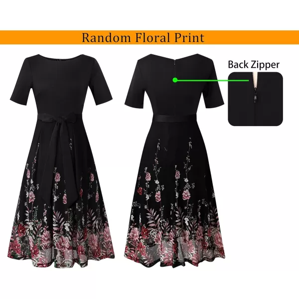 VFSHOW Womens Elegant Patchwork Pockets Pleated Work Office Business Casual Party Belted ALine Midi DressBlack  Pink Floral Print