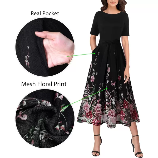 VFSHOW Womens Elegant Patchwork Pockets Pleated Work Office Business Casual Party Belted ALine Midi DressBlack  Pink Floral Print