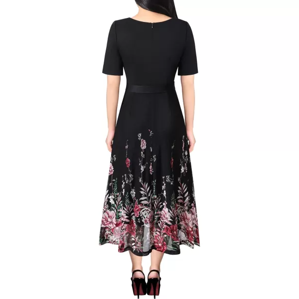 VFSHOW Womens Elegant Patchwork Pockets Pleated Work Office Business Casual Party Belted ALine Midi DressBlack  Pink Floral Print