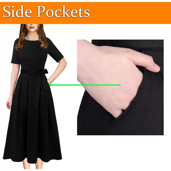 VFSHOW Womens Elegant Patchwork Pockets Pleated Work Office Business Casual Party Belted ALine Midi DressBlack