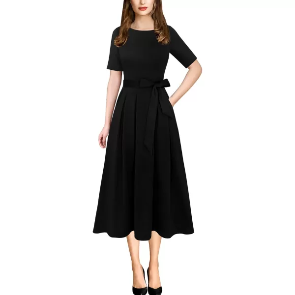 VFSHOW Womens Elegant Patchwork Pockets Pleated Work Office Business Casual Party Belted ALine Midi DressBlack