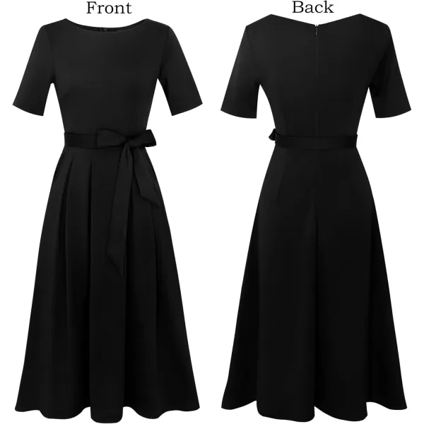 VFSHOW Womens Elegant Patchwork Pockets Pleated Work Office Business Casual Party Belted ALine Midi DressBlack