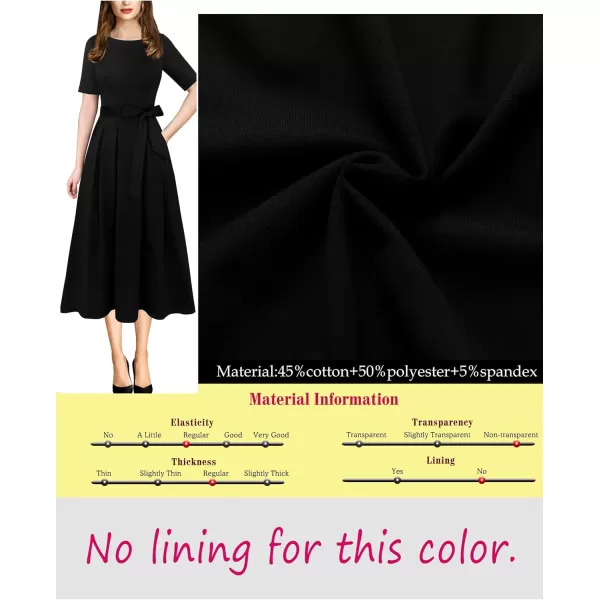 VFSHOW Womens Elegant Patchwork Pockets Pleated Work Office Business Casual Party Belted ALine Midi DressBlack