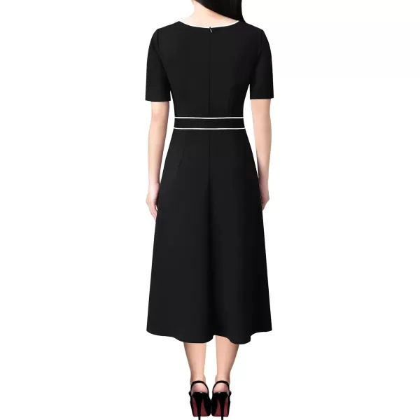 VFSHOW Womens Elegant Patchwork Pockets Pleated Work Office Business Casual Party Belted ALine Midi DressBlack With White Piping