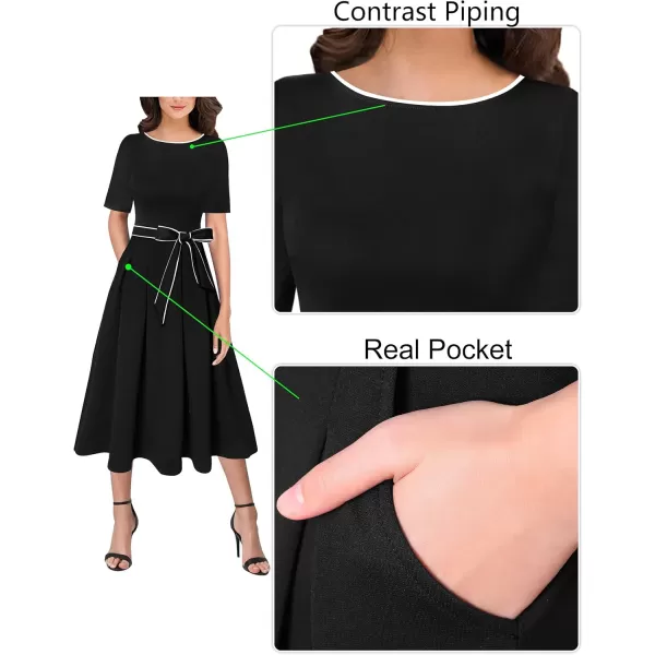 VFSHOW Womens Elegant Patchwork Pockets Pleated Work Office Business Casual Party Belted ALine Midi DressBlack With White Piping