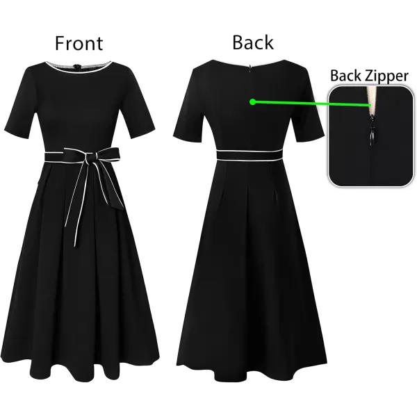 VFSHOW Womens Elegant Patchwork Pockets Pleated Work Office Business Casual Party Belted ALine Midi DressBlack With White Piping