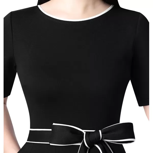 VFSHOW Womens Elegant Patchwork Pockets Pleated Work Office Business Casual Party Belted ALine Midi DressBlack With White Piping