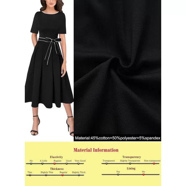 VFSHOW Womens Elegant Patchwork Pockets Pleated Work Office Business Casual Party Belted ALine Midi DressBlack With White Piping