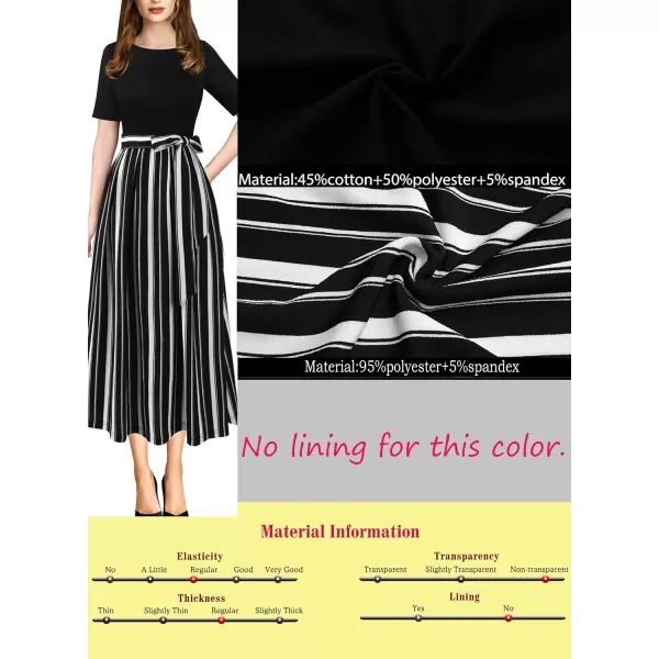 VFSHOW Womens Elegant Patchwork Pockets Pleated Work Office Business Casual Party Belted ALine Midi DressBlack and White Striped Version B