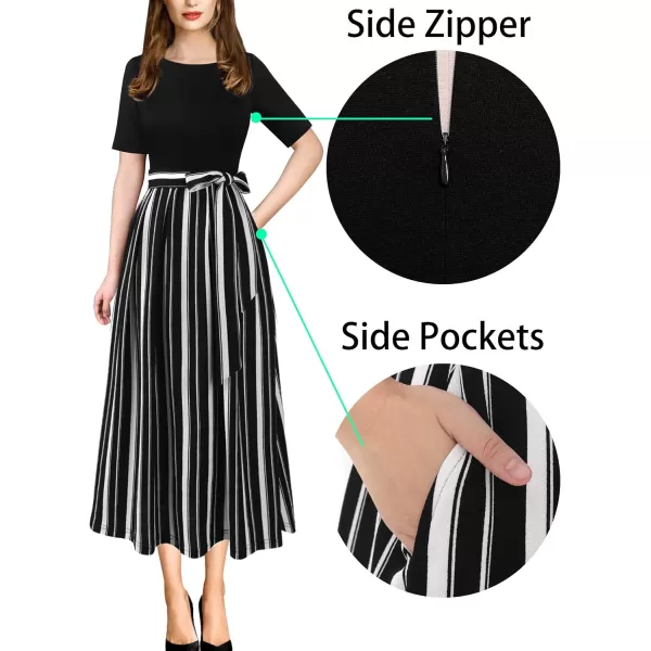 VFSHOW Womens Elegant Patchwork Pockets Pleated Work Office Business Casual Party Belted ALine Midi DressBlack and White Striped Version B