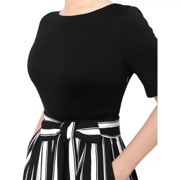 VFSHOW Womens Elegant Patchwork Pockets Pleated Work Office Business Casual Party Belted ALine Midi DressBlack and White Striped Version B