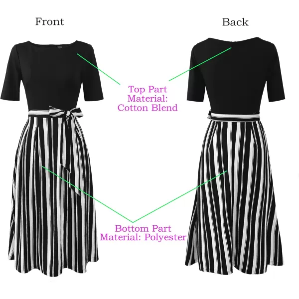 VFSHOW Womens Elegant Patchwork Pockets Pleated Work Office Business Casual Party Belted ALine Midi DressBlack and White Striped Version B