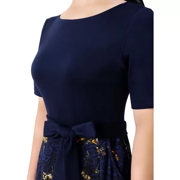 VFSHOW Womens Elegant Patchwork Pockets Pleated Work Office Business Casual Party Belted ALine Midi DressDark Blue Floral Print Lace