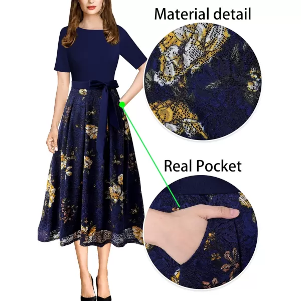 VFSHOW Womens Elegant Patchwork Pockets Pleated Work Office Business Casual Party Belted ALine Midi DressDark Blue Floral Print Lace