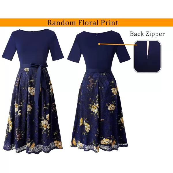 VFSHOW Womens Elegant Patchwork Pockets Pleated Work Office Business Casual Party Belted ALine Midi DressDark Blue Floral Print Lace