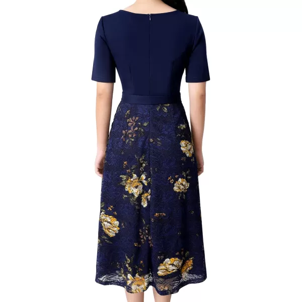 VFSHOW Womens Elegant Patchwork Pockets Pleated Work Office Business Casual Party Belted ALine Midi DressDark Blue Floral Print Lace