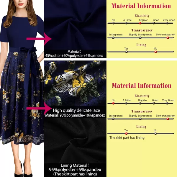 VFSHOW Womens Elegant Patchwork Pockets Pleated Work Office Business Casual Party Belted ALine Midi DressDark Blue Floral Print Lace