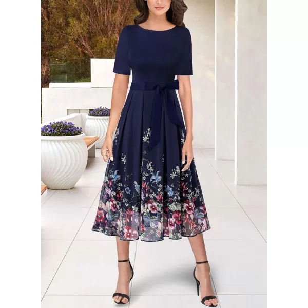 VFSHOW Womens Elegant Patchwork Pockets Pleated Work Office Business Casual Party Belted ALine Midi DressDark Blue and Floral Print