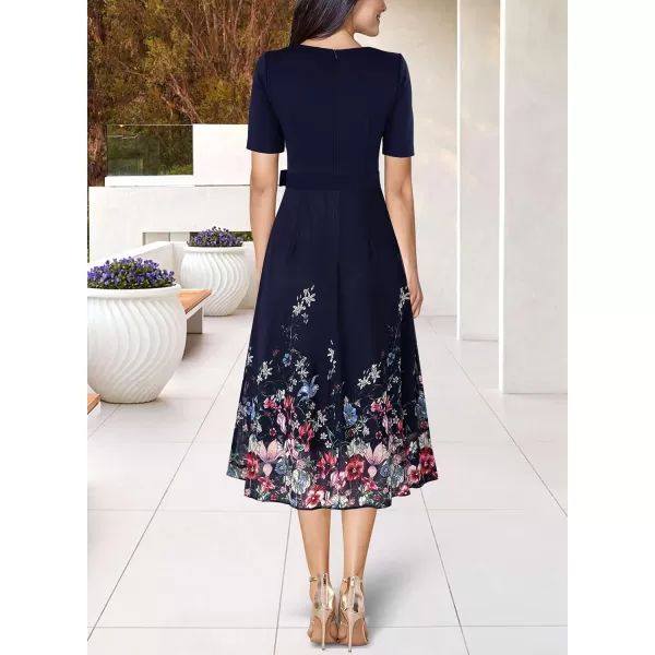 VFSHOW Womens Elegant Patchwork Pockets Pleated Work Office Business Casual Party Belted ALine Midi DressDark Blue and Floral Print