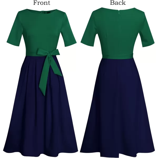 VFSHOW Womens Elegant Patchwork Pockets Pleated Work Office Business Casual Party Belted ALine Midi DressGreen and Navy Blue