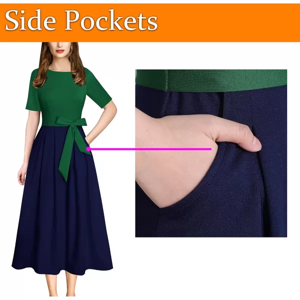 VFSHOW Womens Elegant Patchwork Pockets Pleated Work Office Business Casual Party Belted ALine Midi DressGreen and Navy Blue