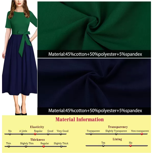 VFSHOW Womens Elegant Patchwork Pockets Pleated Work Office Business Casual Party Belted ALine Midi DressGreen and Navy Blue