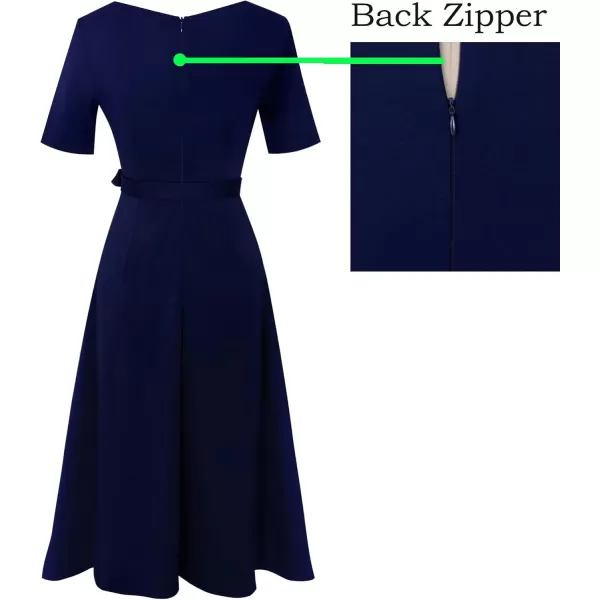 VFSHOW Womens Elegant Patchwork Pockets Pleated Work Office Business Casual Party Belted ALine Midi DressNavy Blue