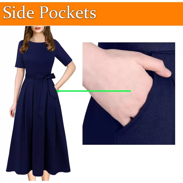 VFSHOW Womens Elegant Patchwork Pockets Pleated Work Office Business Casual Party Belted ALine Midi DressNavy Blue