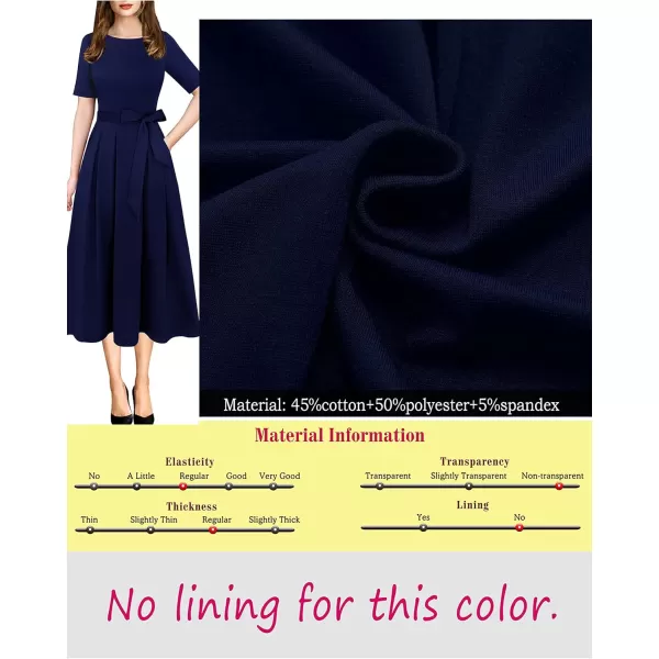 VFSHOW Womens Elegant Patchwork Pockets Pleated Work Office Business Casual Party Belted ALine Midi DressNavy Blue